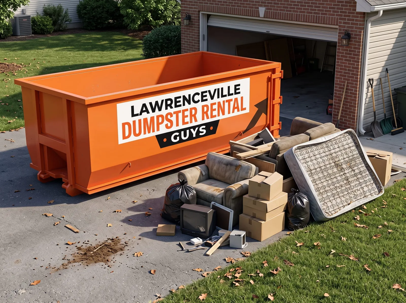 Household items sorted beside a dumpster during an estate cleanout in Lawrenceville