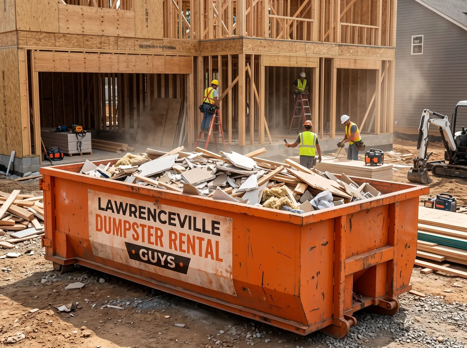 Construction debris from a home renovation loaded into a dumpster in Lawrenceville