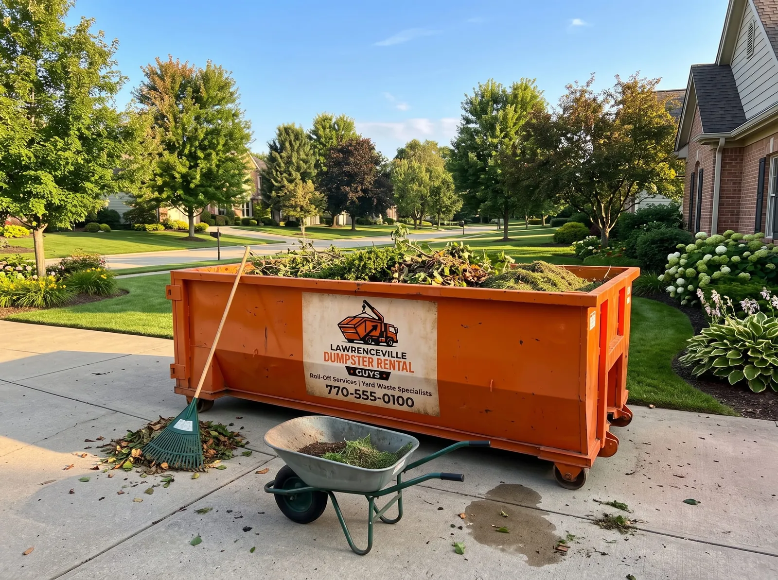 Dumpster filled with brush and yard waste in Lawrenceville GA