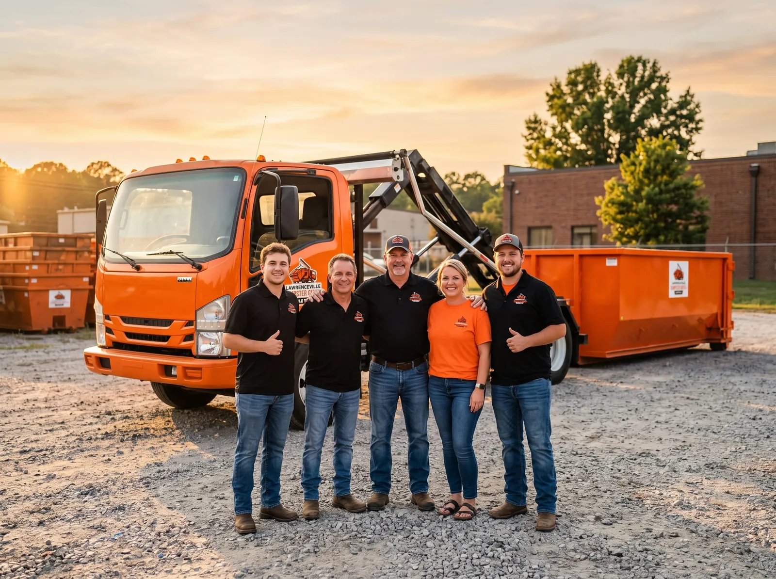 The Lawrenceville Dumpster Rental Guys team beside their delivery truck The Lawrenceville Dumpster Rental Guys team beside their delivery truck