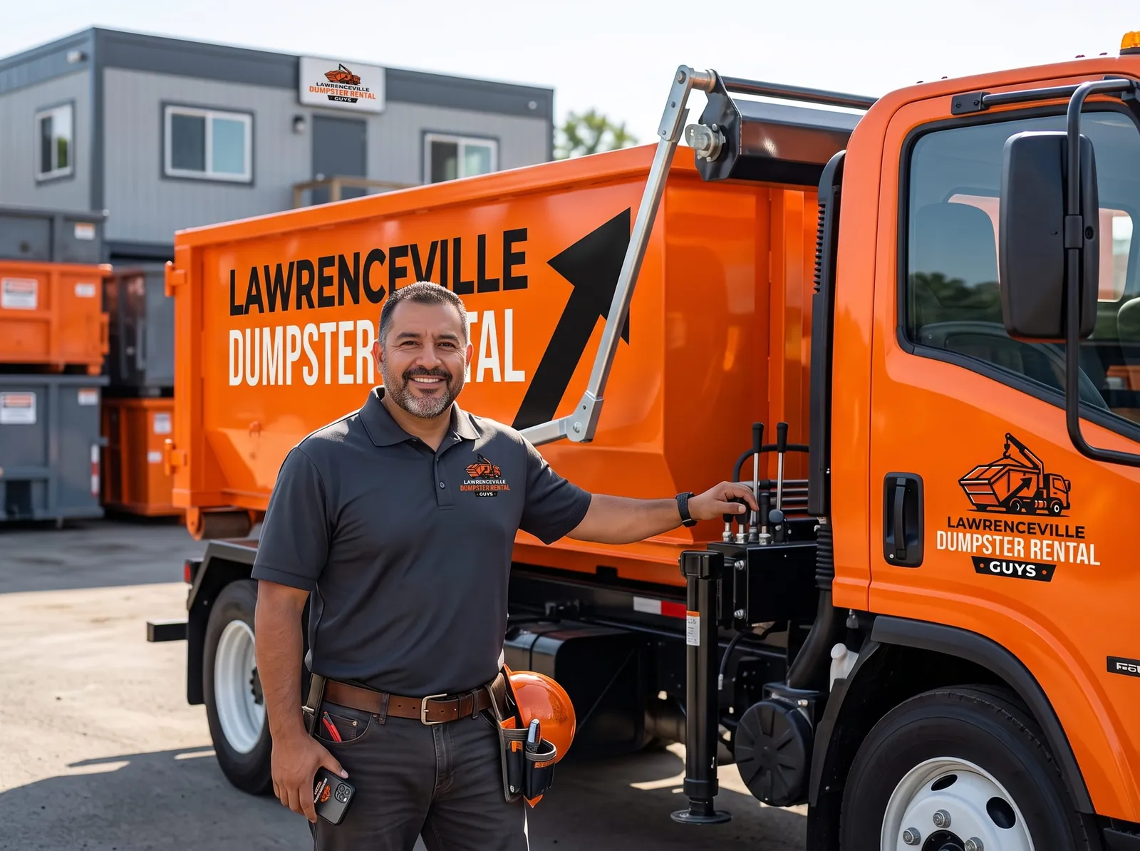 Marcus Delgado, owner of Lawrenceville Dumpster Rental Guys, beside a branded truck Marcus Delgado, owner of Lawrenceville Dumpster Rental Guys, beside a branded truck